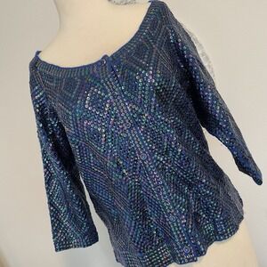 Free People Cardigan Sweater Womens Small Blue Sequin Embellished Wool Acrylic